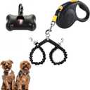 Double Dog Leash for Walking 2 Small Dogs (Up to 33 Lbs Each), Dual Retractable 9.8ft Extendable Strong Nylon Tape Pet Leash with Poop Bags, One-Handed Brake, Pause, Lock (Black)