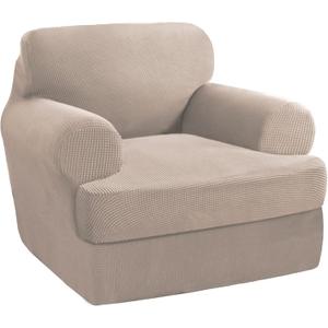 PrinceDeco 2 Pieces Armchair Slipcover Stretch Couch Covers for T Cushion Chair Slipcovers Soft Arm Chiar Cover Furniture Covers with 1 Individual T Shape Seat Covers Width Up to 40", Sand