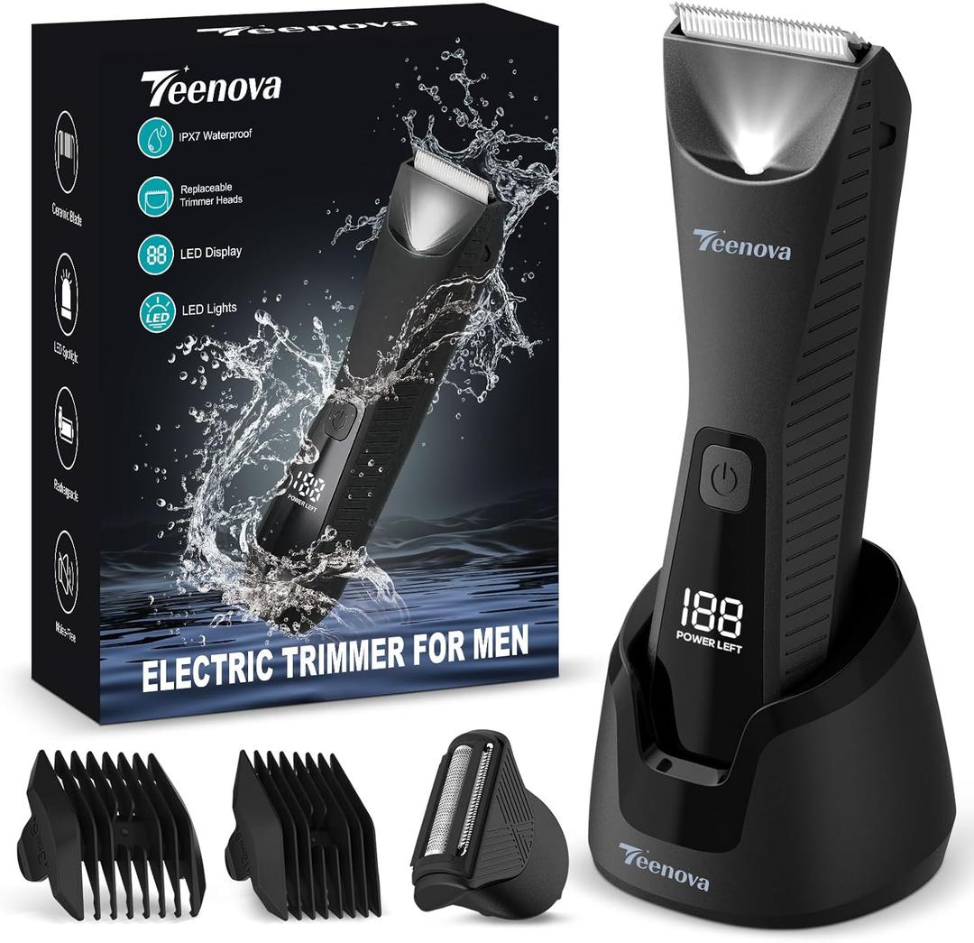 Pubic & Body Hair Trimmer for Men, 2 in 1 Electric Ball Groin Razor Shaver with Ceramic Blade, No Nick Mens Grooming Kits for Wet/Dry Use, Cordless Charging Groomer with Led Display