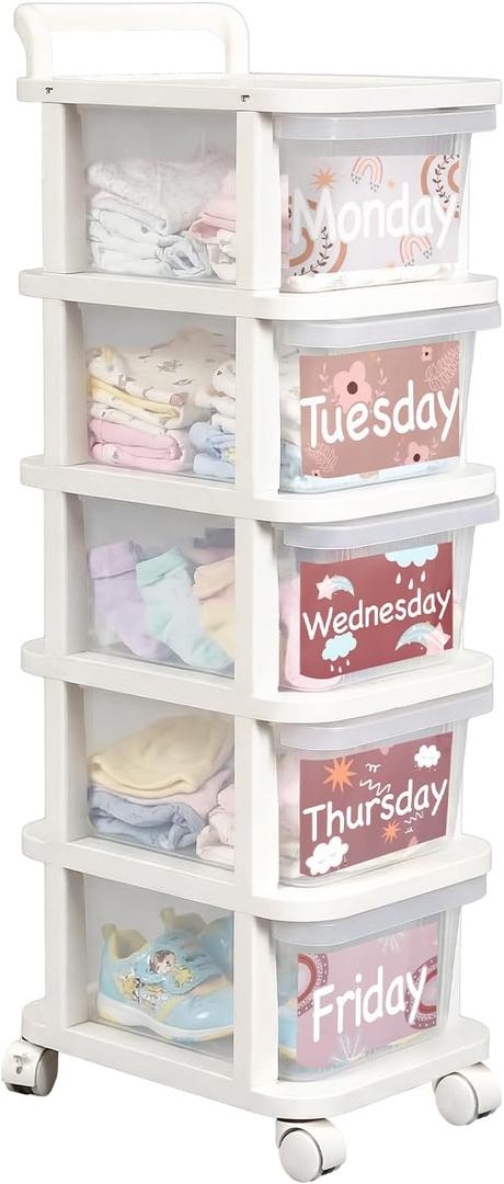 Wesiti 5 Shelf Weekly Clothes Organizer Closet Daily Weekly Hanging Closet Organizer Shelves Plastic Clear Clothes Storage with Wheel Sticker for Bedroom Living Room Essential Stuff(Week,White)