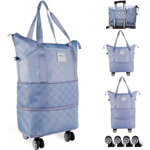 Expandable Rolling Duffle Bag - Large Carry-On With Spinner Wheels, Foldable Weekend Travel Bag, 28-58L CapacityA-Blue