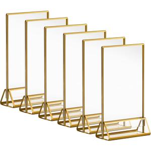 4x6 Acrylic Gold Sign Holders 6 Pack, Vertical Clear Picture Frames with Gold Borders, Double Sided Table Menu Display Stand for Restaurant Signs, Wedding Table Numbers, Photos and Art Display