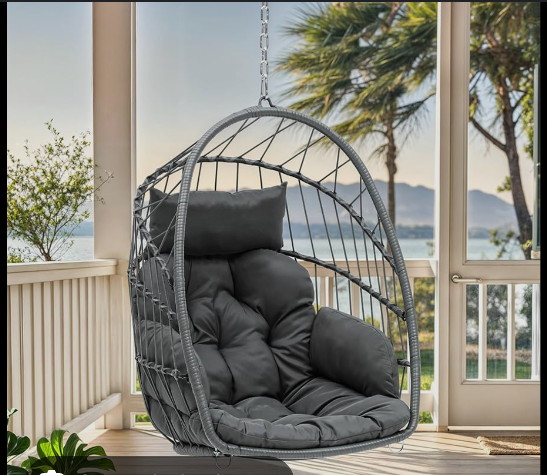 YITAHOME Hanging Egg Chair, Patio Wicker Hammock Egg Chair Basket Swing with Cushion, Outdoor 300lbs Rattan Outdoor Swing for Balcony Garden Bedroom, Gray (Stand not Included)