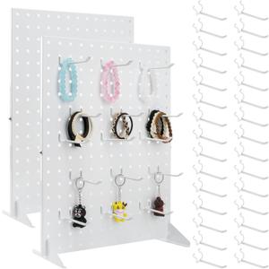 2 Pcs Metal Pegboard Display Stand with 30 Peg Board Hooks, Tabletop Pegboard Shelf for Craft Shows & Fairs, Retail Stores, Vendors Arts and Crafts Finishing - 17x13Inch & White