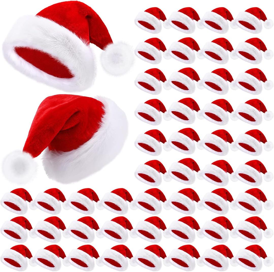 Vicenpal 50 Pcs Santa Hat Bulk Plush Velvet Christmas Hat for Men Women Xmas Party Favors Supplies (Red)