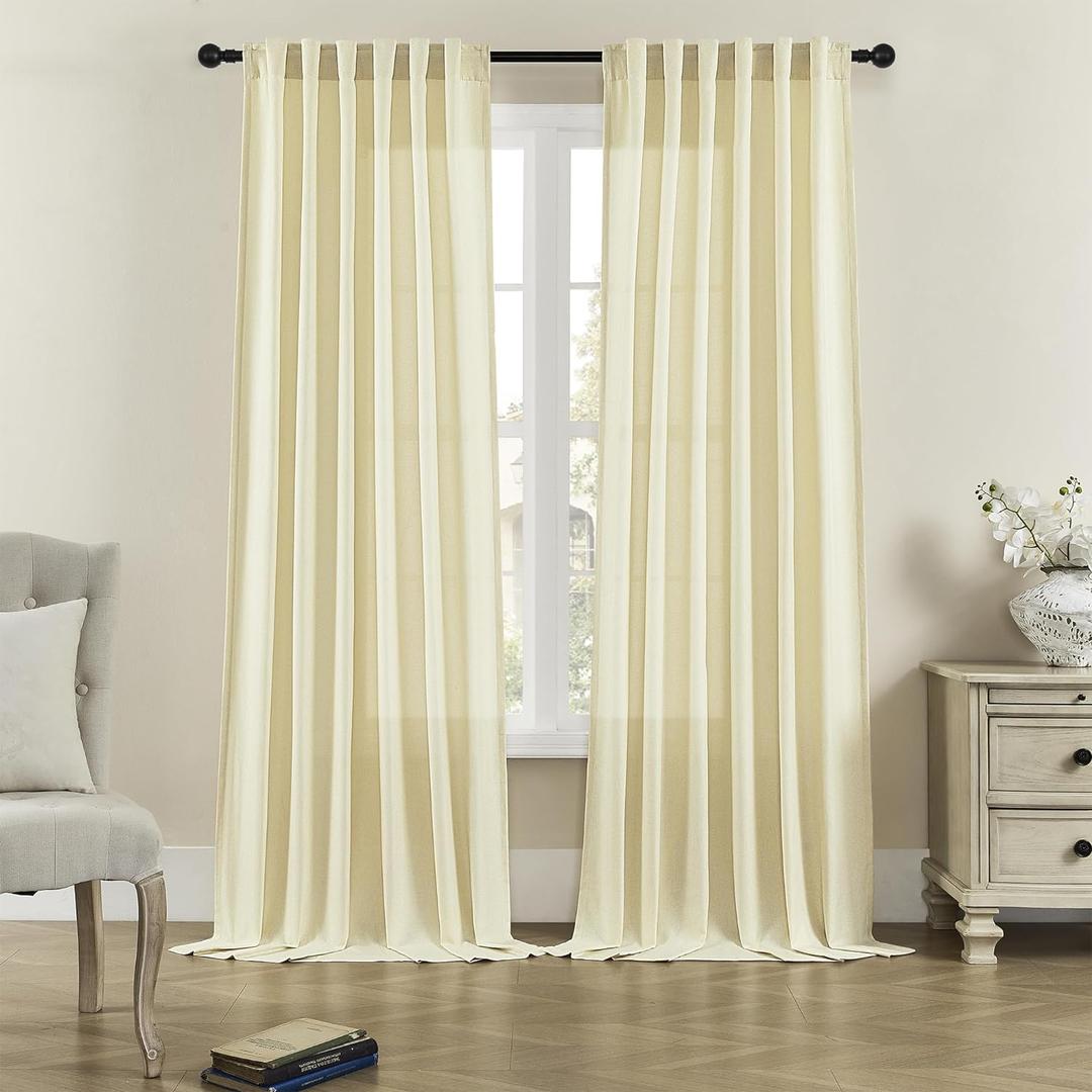 Linen Sheer Window Curtains, Rod Pocket & Back Tab Modern Semi Sheer Panels Privacy with Light Filter Linen Drapes for Sliding Glass Door/Living Room, Light Yellow, W50 x L96, 2 Pieces (50"W x 96"L (Pack of 2), Light Yellow)