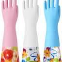 Bamllum 3 Pairs Rubber Cleaning Gloves, Household Kitchen Dishwashing Gloves with Cotton Flocked Liner, Long Cuff 16 Inches, Reusable, Non-Slip (Medium, Blue+Pink+White)