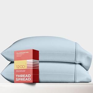 Thread Spread 100% Egyptian Cotton Pillow Cases King Size Set of 2 - Luxury 1200 Thread Count Sateen Light Blue Pillow Covers, Soft & Breathable Extra Long Staple Pillowcases, Fits King Size Pillows