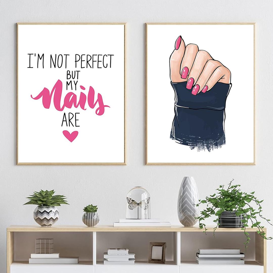 Fashion Pink Makeup Nails Canvas Wall Art Cartoon Nail Polish Posters Prints Nails Art Picture Girl Beauty Salon Prints Pop Art for Nails Salon Wall Decor Unframed