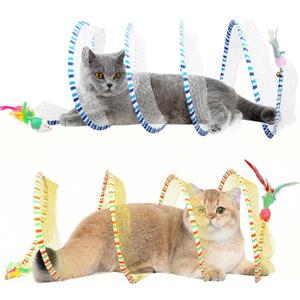 2-Pack Large Cat Tunnel Beds - Indoor & Outdoor,Kitten Collapsible Spring Tunnel Toy with Feather and Bell,Interactive Spring Toys for Cats & KittensYellow and Blue