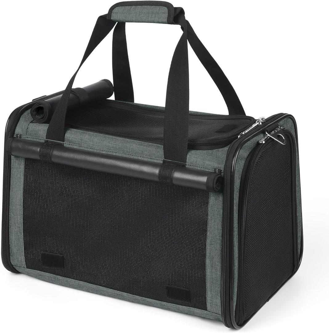 YUDODO 25lbs Cat Carrier Lightproof Soft Sided Pet Carrier for Large Cat & Small Dog Airline Approved Travel Puppy Carriers with Side Pockets & Reflective Mesh Foldable Portable for Outdoor Grey Green