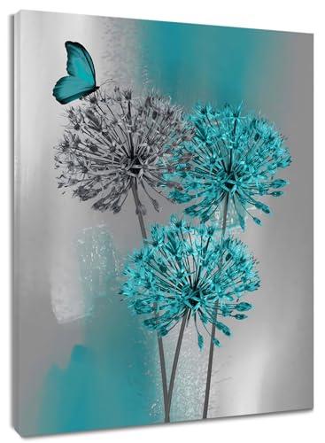2 PCS LB Dandelion Canvas Art Teal Grey Dandelion with Butterfly on Abstract Background Plant Decor for Living Room Bedroom Bathroom Office Framed Ready to Hang 20x16 Inch
