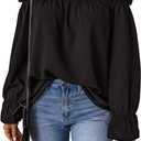 Women's Off Shoulder Top Ruffle Long Sleeve Chiffon Blouse Casual Loose Shirts (Large, 01 Black)