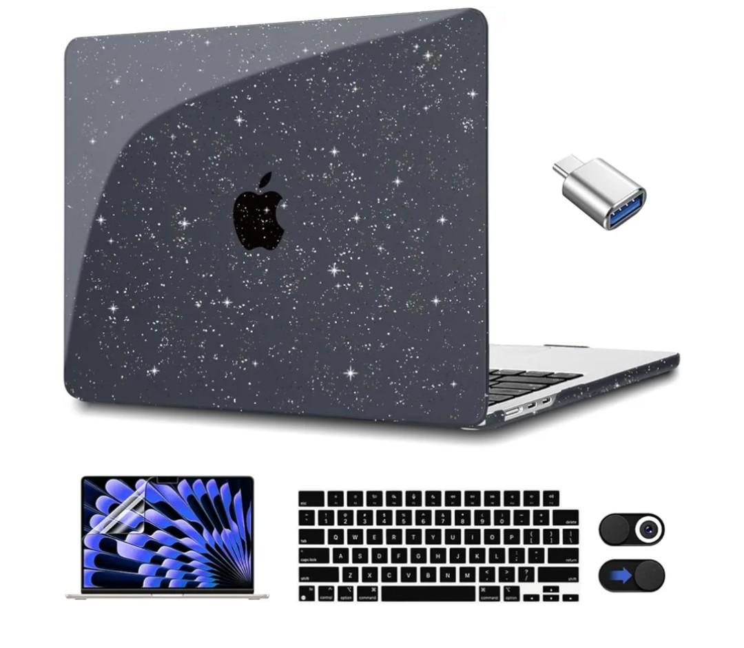 CISSOOK Sparkly Black Star Case for MacBook Air 15 Inch 2025 2024 2023 Model A3241 A3114 A2941, Plastic Glitter Bling Hard Shell Case with Keyboard Cover Screen Protector for MacBook Air 15 M2 M3 M4