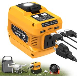 220W Power Inverter Compatible with Dewalt 20V Battery, DC 20V to AC 110V Inverter, Portable Power Station Generator with 1 AC Outlet, 2 USB Ports & 1 Type-C Fast Charging, 400LM LED Work Light (Yellow)