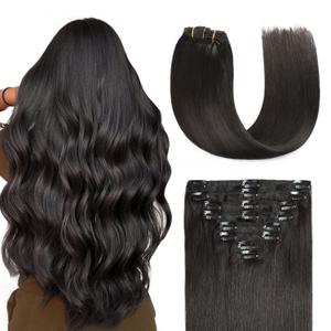 Sunya Real Human Hair Clip-in Extensions - Natural Black, Double Weft, Straight, 20 Inch #1B, 8pcs/120g
