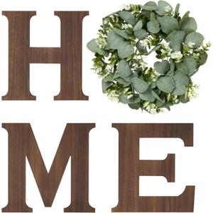 Mkono Farmhouse Wall Home Sign with Artificial Eucalyptus for O Rustic Wooden Hanging Letters Decorative Wall Art Decor for Living Room Kitchen Entryway Housewarming Gift, Brown (10"L x 9.8"W)