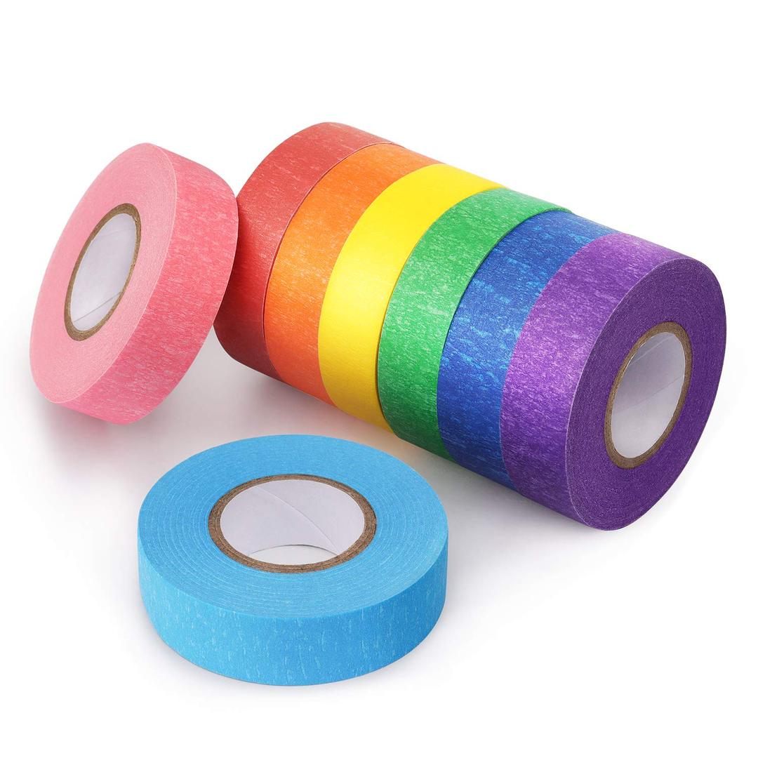 Hutou 8 Rolls Colored Masking Tape Rainbow Colors Painters Tape Colorful Craft Art Paper Tape Labeling Arts Crafts Decorative Coding Decoration Supplies, 0.6 Inch x 16 Yard, 8 Colors (Bright)