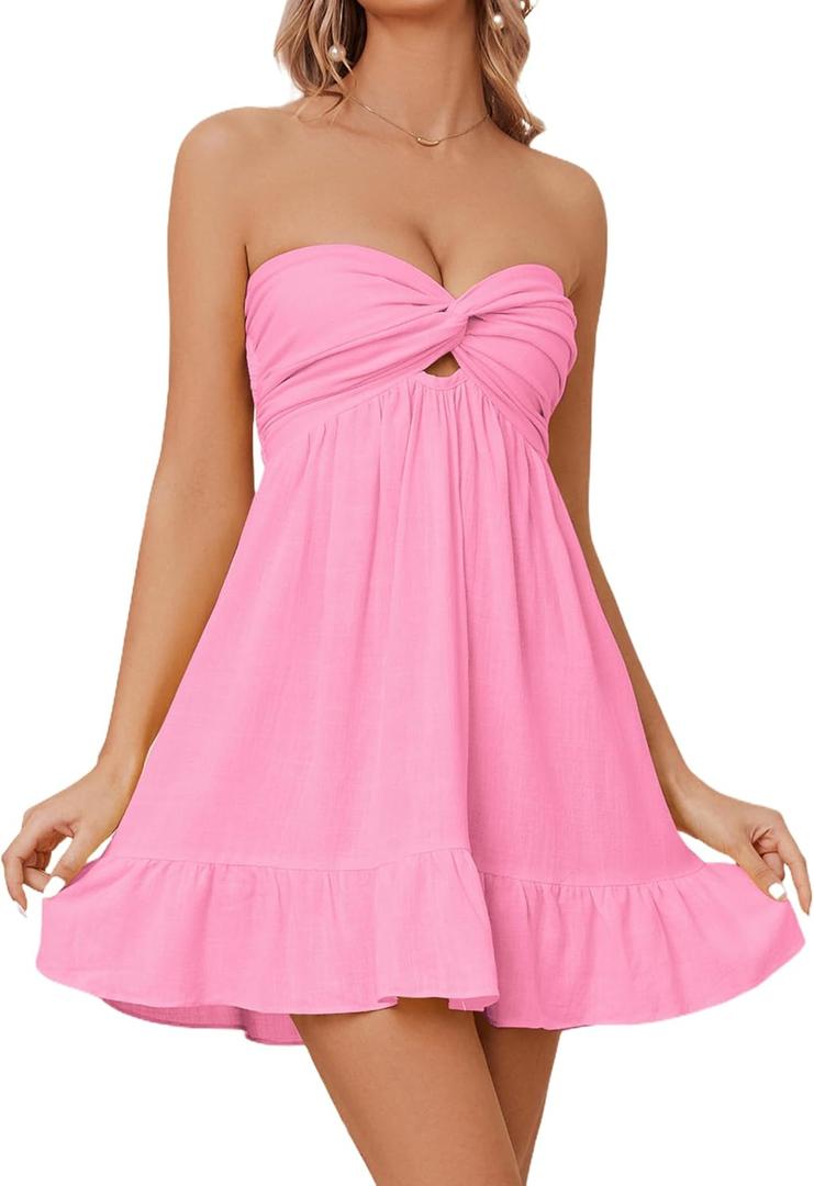 Womens Strapless Mini Dress Twist Knot Front Cut Out Babydoll Dress Smocked Backless Ruffle Hem Tube Dresses (Small, Pink)
