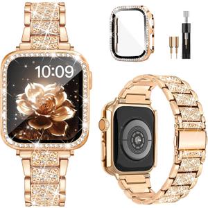 Calina Bling Bands and Case Compatible with Apple Watch Bands for Women 40mm, Jewelry Diamond Metal Bands and Cover, Sparkly Rhinestone iWatch Band & Sturdy Case for iWatch Series 6/5/4/SE, Rose Gold