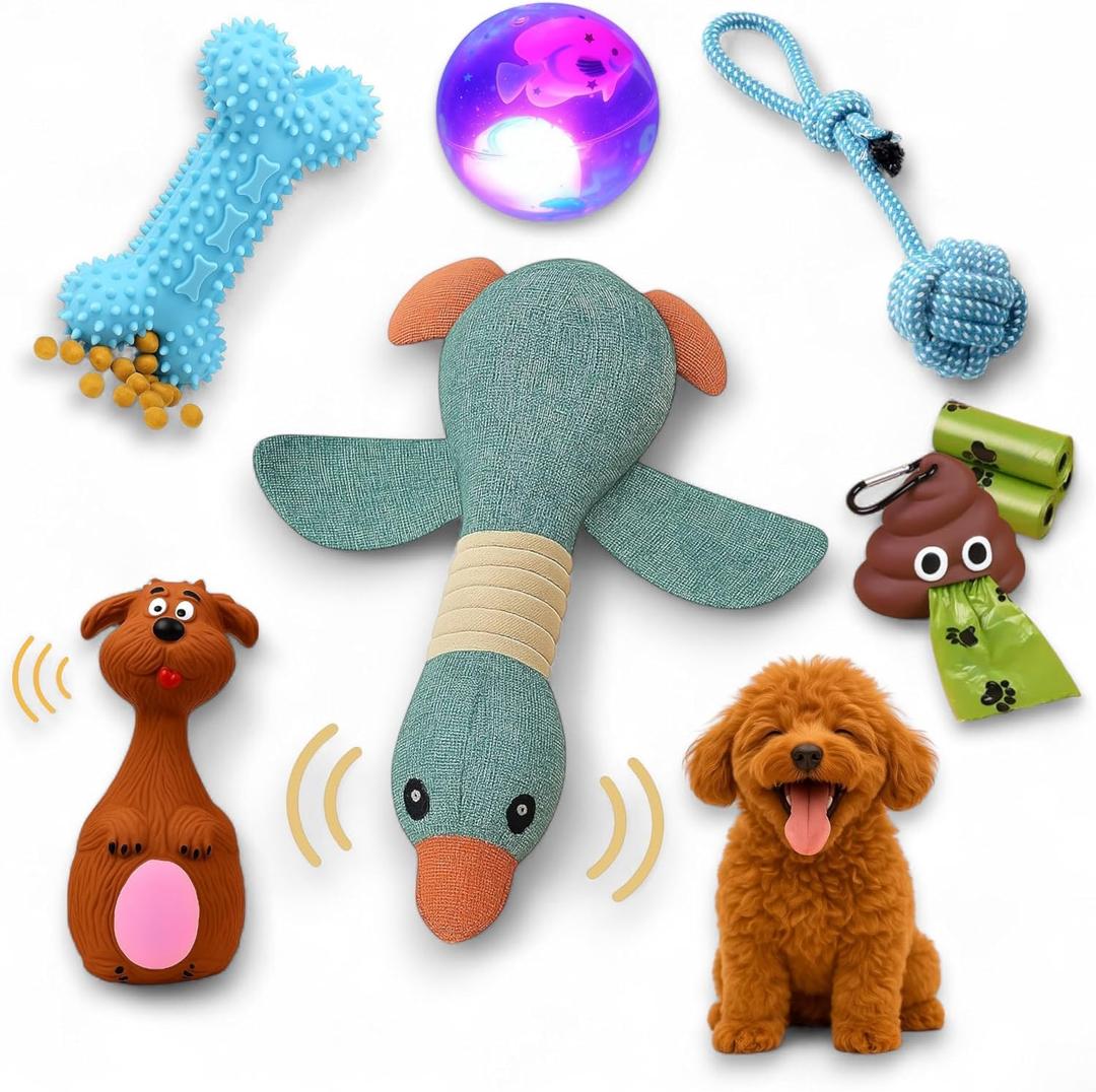 Puppy Toys for Small Dogs - 7 Pack Durable Chew and Teething Toys with Squeaky Plush, Interactive Dog Toys, LED Ball & Poop Bag Dispenser for Toy Breeds & Puppies Under 15 Lbs