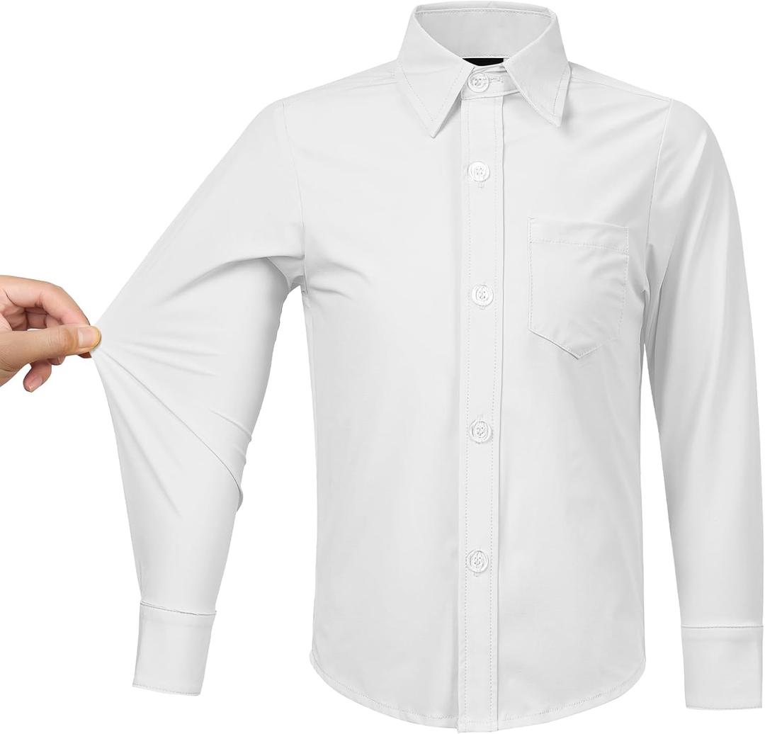 Boys' Stretch Long Sleeve Button Down Toddler Dress Shirt Wrinkle Free Oxford Uniform Shirt with Chest Pocket White 4T