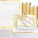 Festiva 350Pcs Gold Plastic Plates - Disposable Square Gold Plates Dinnerware set include 9.5"/6" Plates,Cups,Plastic Cutlery,Hand Napkins Perfect for 50 guests Party&Birthday&Wedding