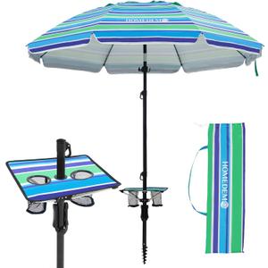 HOMEDEMO 7ft Beach Umbrellas For Sand Heavy Duty Wind, Portable Beach Umbrella UPF 50+ Windproof Outdoor Beach Umbrella with Sand Anchor, Tilt Pole, Carry Bag, Table Tray, Vent and Hook (Blue green)