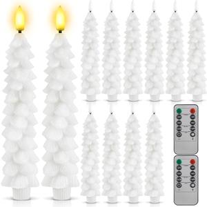 Funtery 12 Pcs LED Flameless Christmas Tree Taper Candles, 9.7" Real Wax Battery Operated Candlestick Lights with Remote Timer and 3D Flickering Flame for Home Decor(White,Classic)
