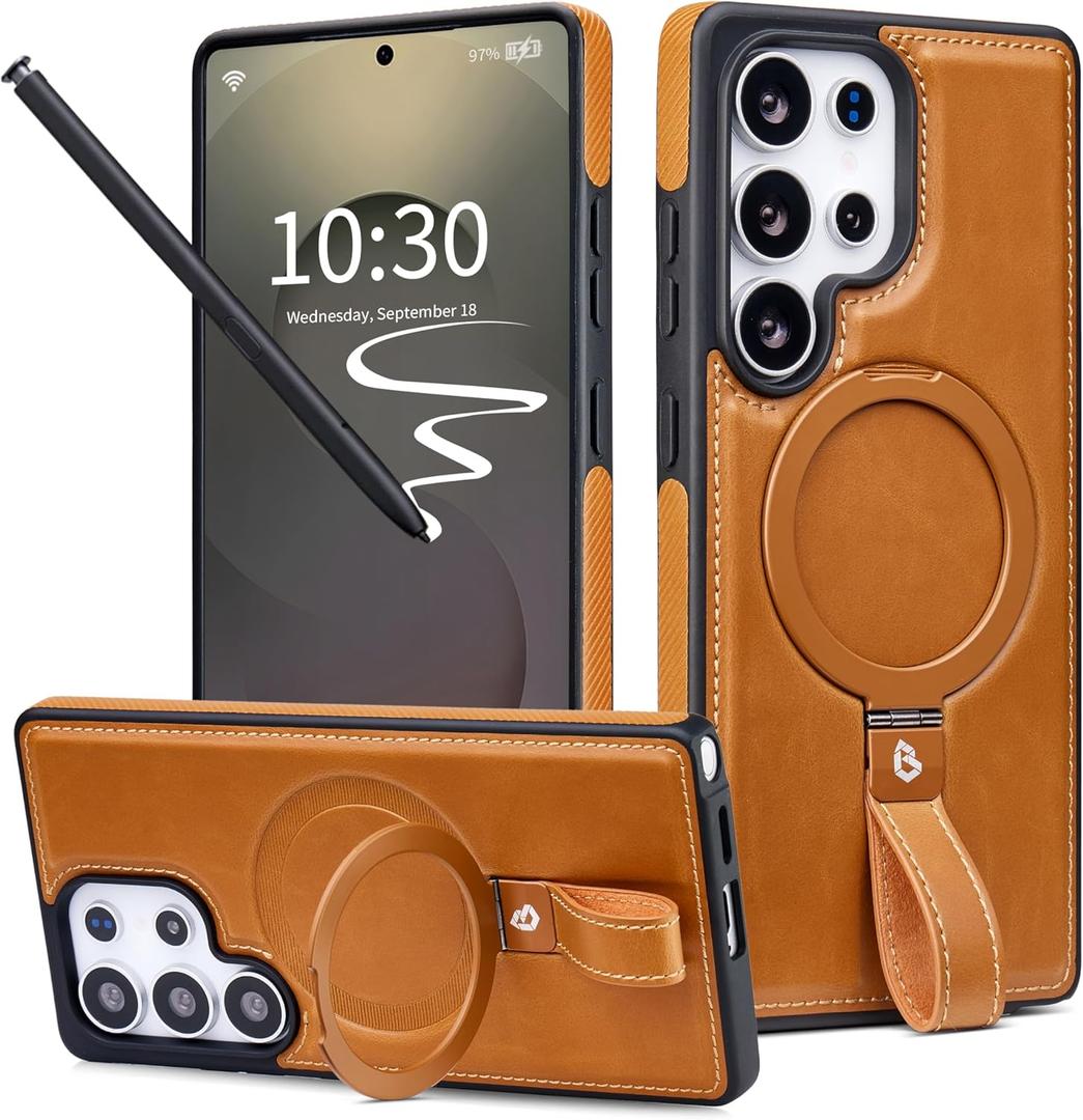 Butaiga for Samsung Galaxy S25 Ultra Case Leather with Stand, Anti-Slip Grip Ring, Fits for MagSafe (Brown, S25 Ultra)