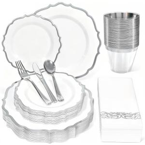 175 Plastic Dinnerware Set Silver Disposable Dinnerware Set for 25 Guests Include 50 Plastic Plates,25 Silverware Set,25 Cups and 25 Napkins for Christmas Party Wedding Thanksgiving