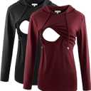 Bhome Nursing Shirt Long Sleeves Hoodie Breastfeeding Top Sweatshirt (X-Large, Burgundy/Black)