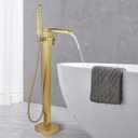 Free Standing Tub Faucet Brushed Gold, Floor Mount Freestanding Tub Faucets, Brass Stand Alone Tub Filler, Waterfall High Flow Bathtub Shower Mixer Tap