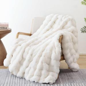 Smoofy Faux Fur Throw Blanket for Couch  Cream White Fluffy Cozy Rabbit Fleece, Plush Soft Bubble Blanket for Sofa & Bed, for Mom, Warm Fuzzy Home Room Decor Throw 50" x 60"