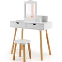 Kid Vanity Table Chair Set with Mirror Large Storage Drawers Wooden Legs White