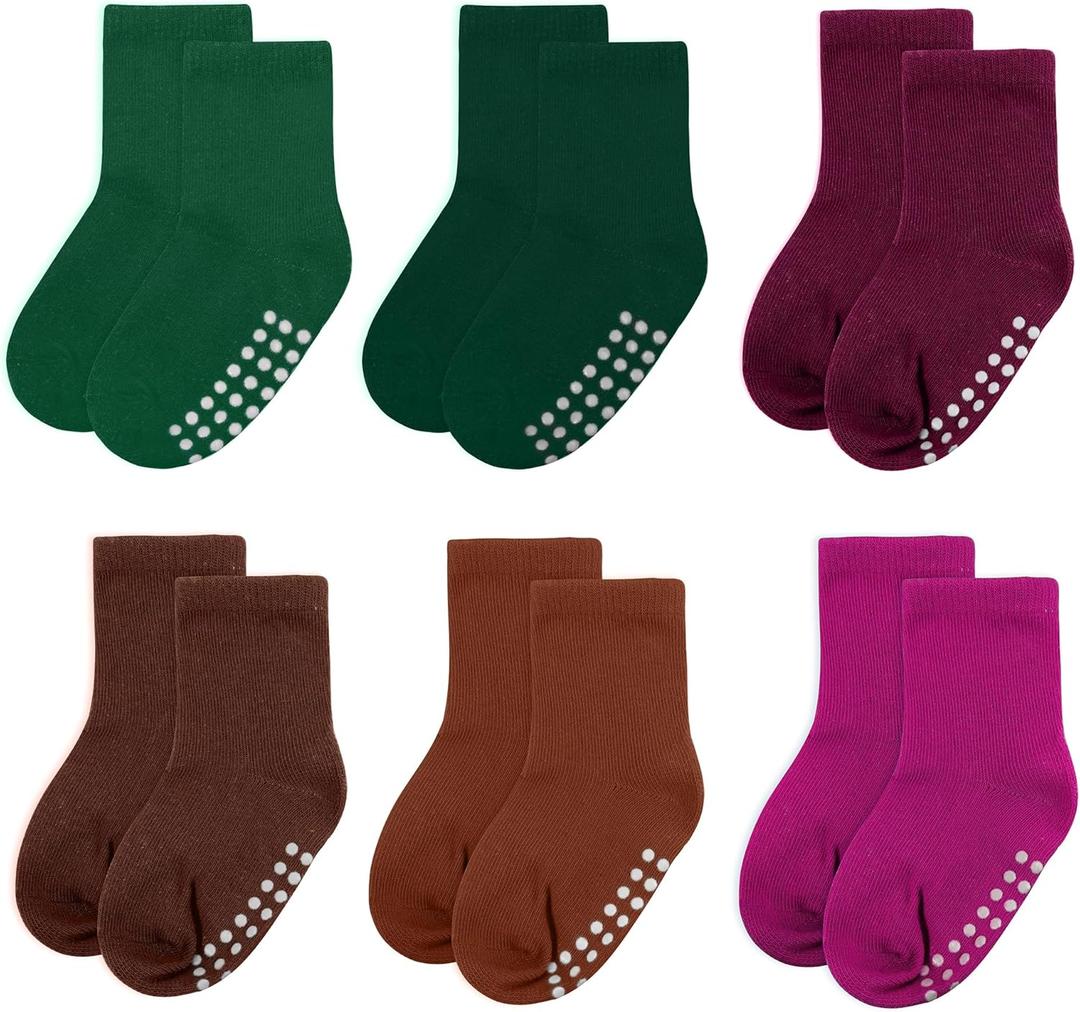 2 x 6 pack baby socks, cotton crew children's socks, non-slip grip socks, unisex, for toddlers, boys, girls, 12-24 Months (6 Pairs-green/Darkgreen/Redbrown/Maroon/Caramel/Magenta)