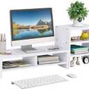 Desk Computer Monitor Stand Riser, Universal Wooden Laptop TV Desktop Monitor Stand with Storage Organizer, 2 Tier Computer Monitor Stands with Three Layer Storage Rack (White)
