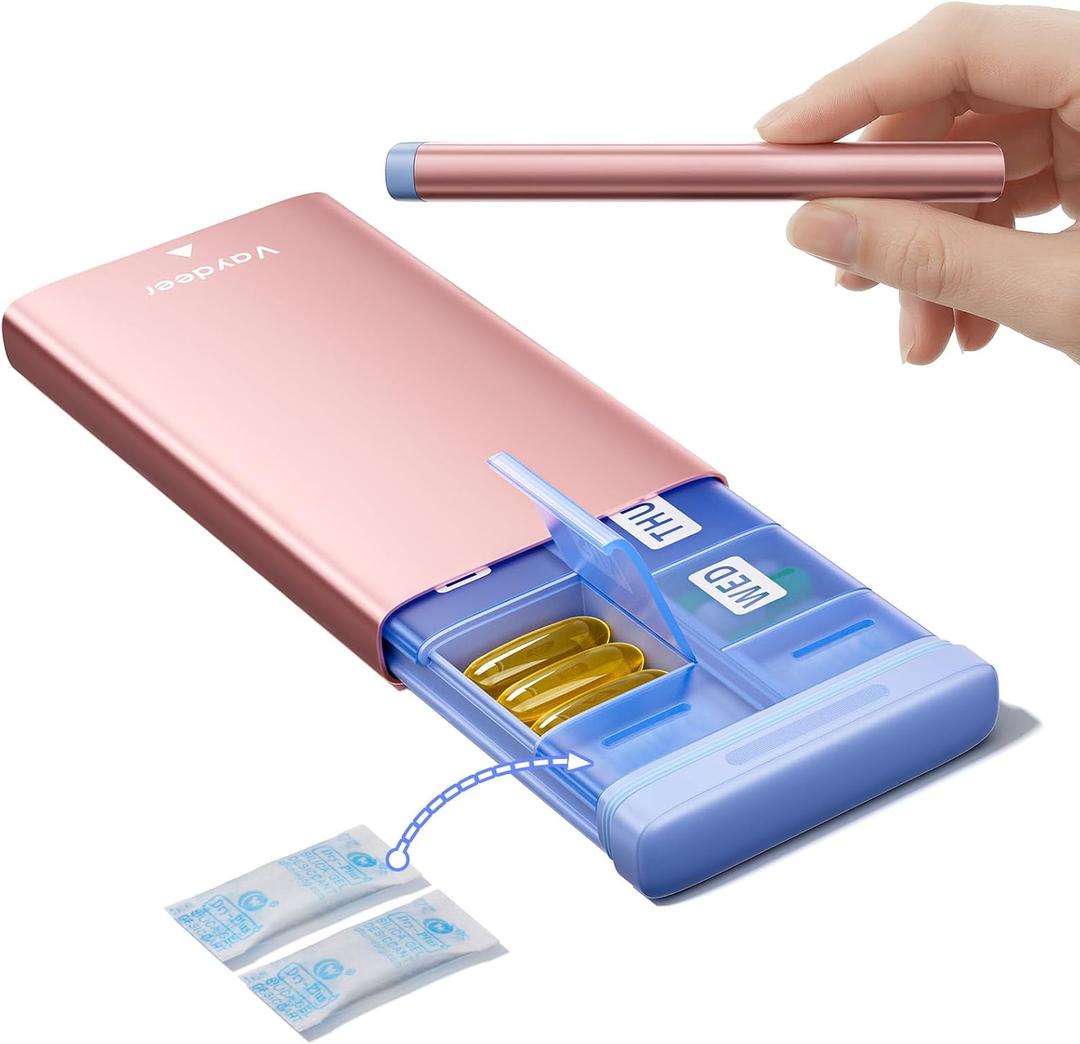 Vaydeer Travel Small Pill Organizer, Metal Slim 7 Day Weekly Pill Case with Moisture-Proof Desiccant, Compact Portable Medicine Organizer for Vitamins, Pills, Perfect for Purse or Pocket (Rose Gold)