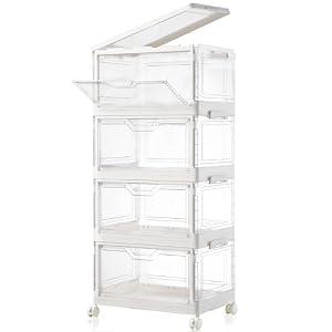 Freebat Collapsible Plastic Storage Bins with Wheels, Clear Stackable Storage Bins with Lid, Stackable Storage Bins with Open Door, Folding Storage Bins Organizer for Closet, Bedroom, Living Room