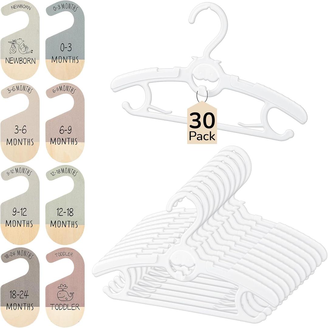 Hsei 30 Packs Baby Hangers for Nursery Closet with 8 Pcs Wooden Baby Clothes Organizer Dividers, 11"-14.6" Extendable and Non Slip Infant Hangers for 0-18 Month Newborn Toddler Kids Coats Pants