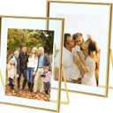 Qiannhee Gold Floating Picture Frame 5x7, Double Glass Metal Photo Frame for Tabletop Display, Modern Gold Picture Frame for Photos, Dried Flower & Home Dcor