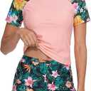 Sewetier Girls Swimsuit with Shorts Two Piece Rash Guard Pink Swimsuit UPF 50+ Short Sleeve Swimwear 13-14Y, Light Pink