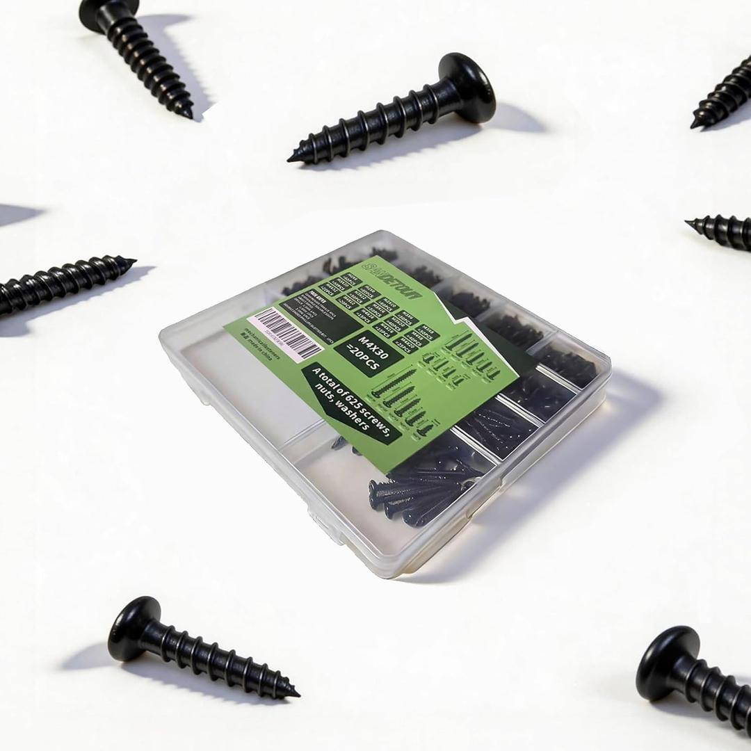 495pcs Self-Tapping Screws Assortment Kit, Phillips Pan Head 14 Sizes M2 M3 M4, Black Carbon Steel Sharp Point for Wood Plastic Soft Metal