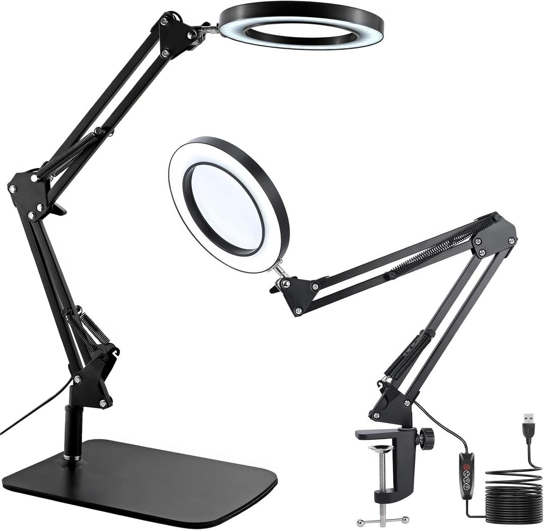 15X Magnifying Glass with Light, Table Lamp with Stand and Clamp, 2-in-1 LED Desk Lamp with Magnifier, 3 Color Modes, 72 LEDs, Real Glass Lens for Close Work, Craft, Hobby, Painting, Reading, Repair