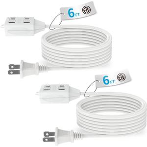TiFFCOFiO Indoor Extension Cord, 2 Prong 6 Feet Extension Cord, 3 Polarized Outlets with Safety Slide Windows,13A/1625W, 16 AWG, 2 Packs