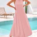 BTFBM 2025 Women Summer Vacation Dresses Sleeveless Crewneck Loose Beach Sundress Bubble Hem Tank Maxi Dress Pockets (Pink, S)