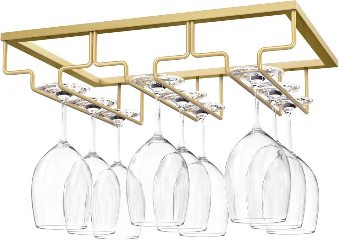 Nuovoware Wine Glass Rack - Under Cabinet Stemware Wine Glass Hanger Rack Holder for Bar Kitchen Cabinet, 3 Rows - Gold
