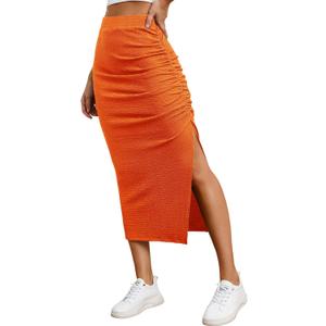 EARKOHA Pencil Midi Skirt for Women 2024 Fall Casual High Waist Ruched Ribbed Knit Stretchy Bodycon Skirt with Slit (Small, Orange)