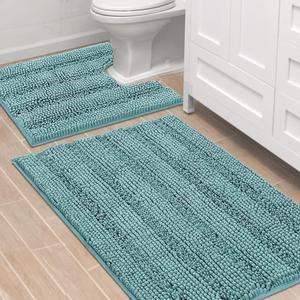 H.VERSAILTEX Bathroom Rugs Bath Rug Set 2 Piece Bathroom Contour Rug Toilet Mat Sets Non Slip Contour Bath Rug Ultra Thick Water Absorbent Striped Bath Mats(36" x 24" Plus 20" x 24" U, Aqua Haze)
