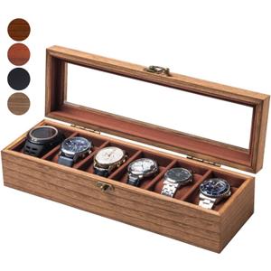 Watch Box for Men and Women - Large Glass Lid, Wooden Display Storage Case With 6 Slots, Retro Burlywood Organizer